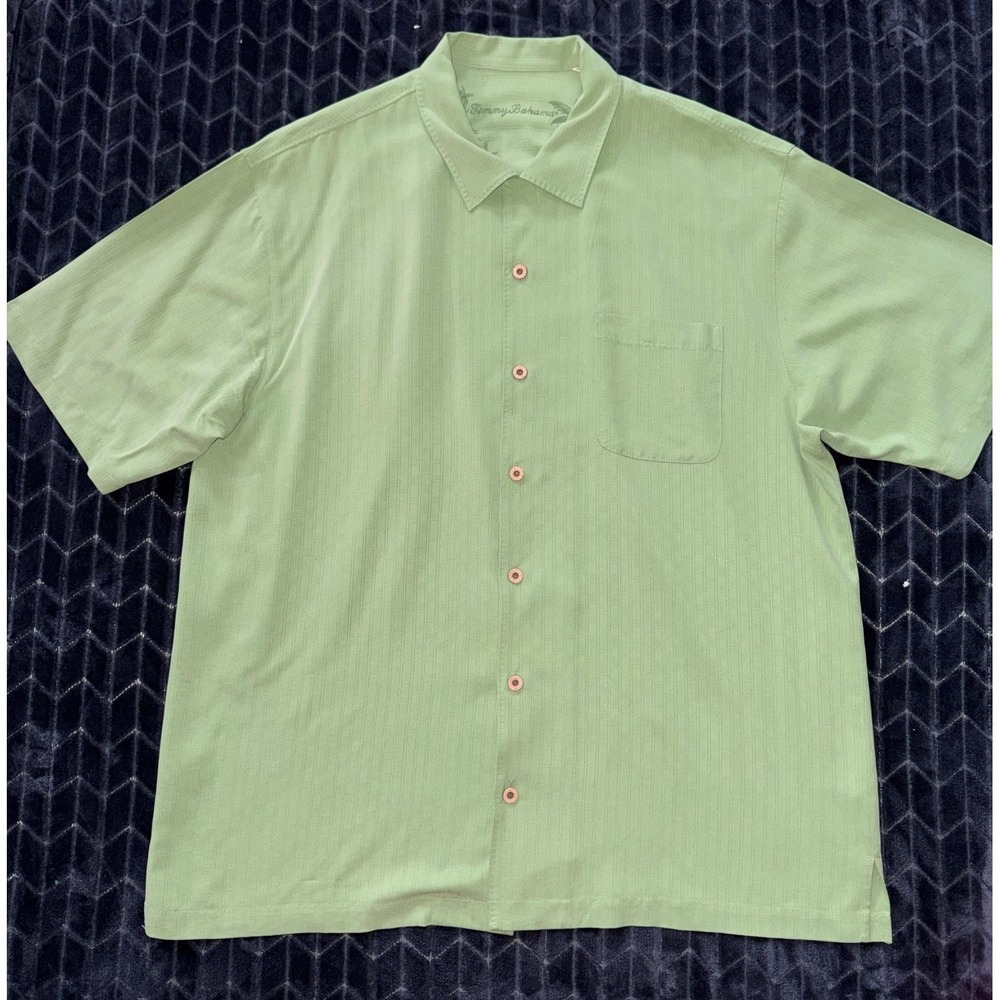 Tommy Bahama Mens Green Camp Shirt‎ Short Sleeve SILK Embroidered Button Sz XL